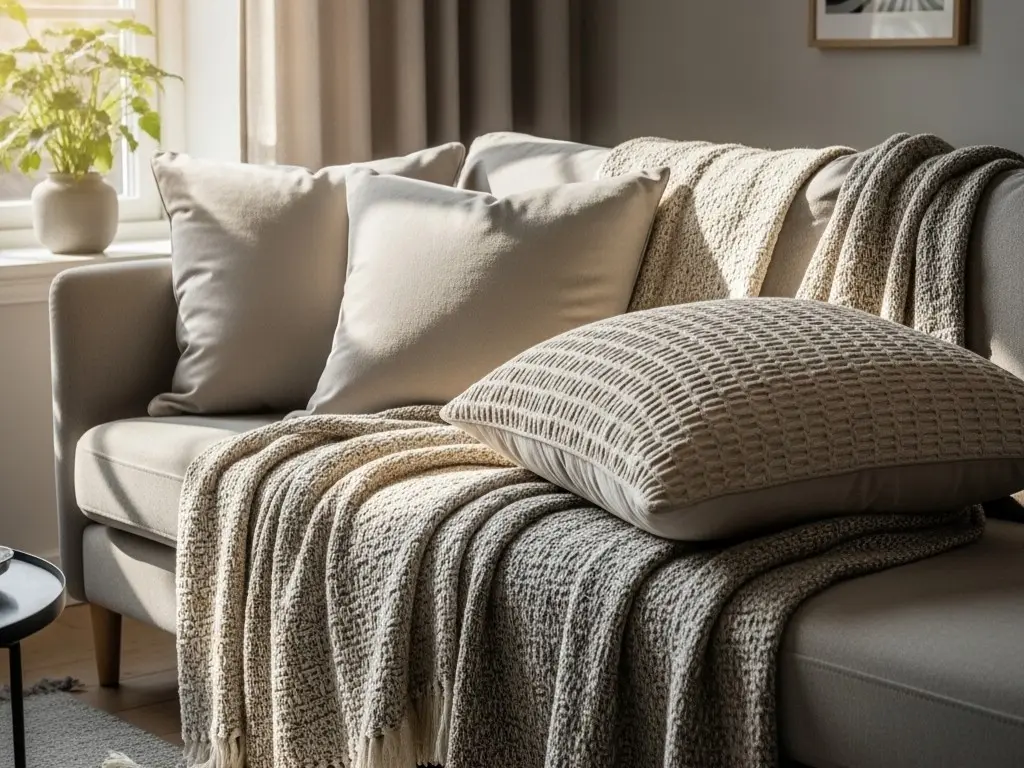 ソファの上に無造作に置かれたクッションとブランケット