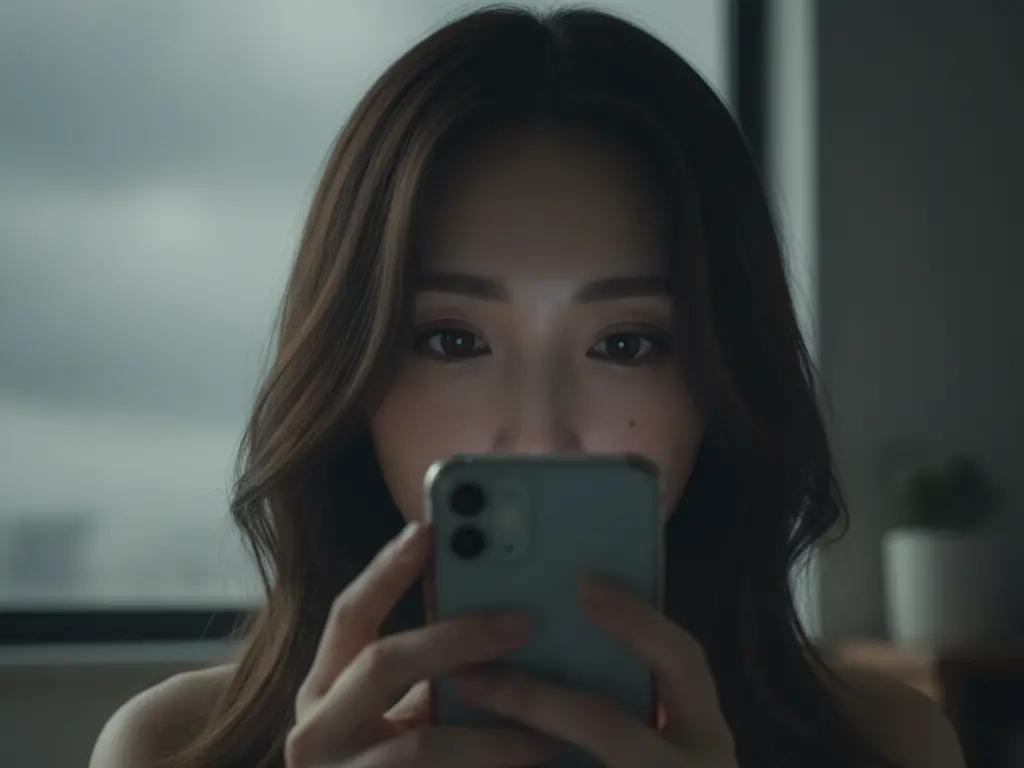 暗めの部屋でスマホを操作してる女性