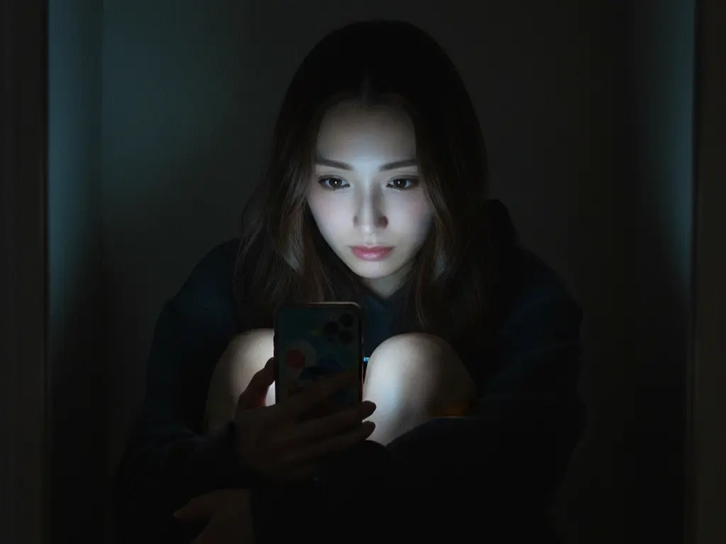 暗い部屋で膝を抱えてスマホの光に照らされる女性