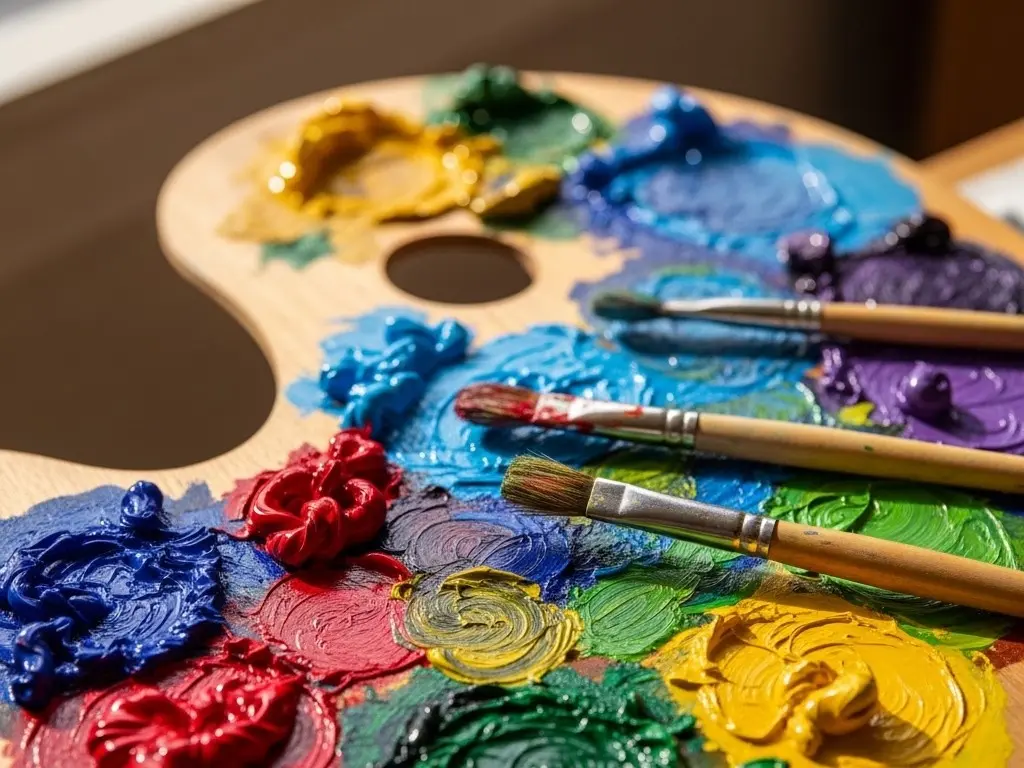 色とりどりの絵の具が混ざり合うパレット