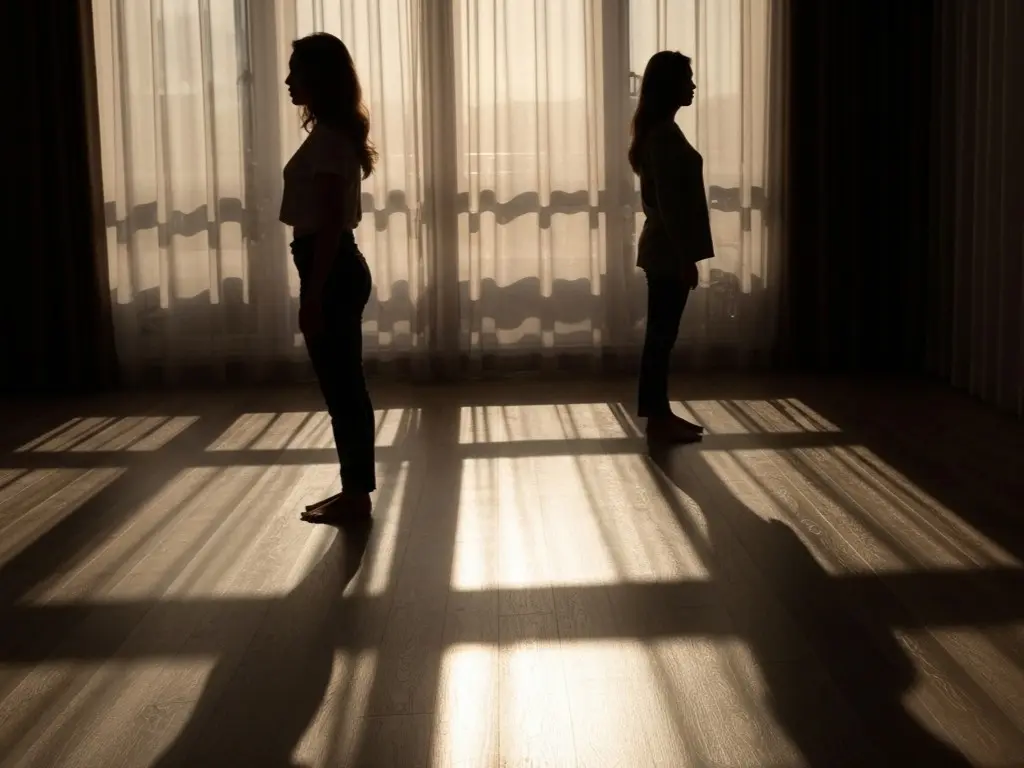 柔らかな夕日が差し込むカーテン越しの影