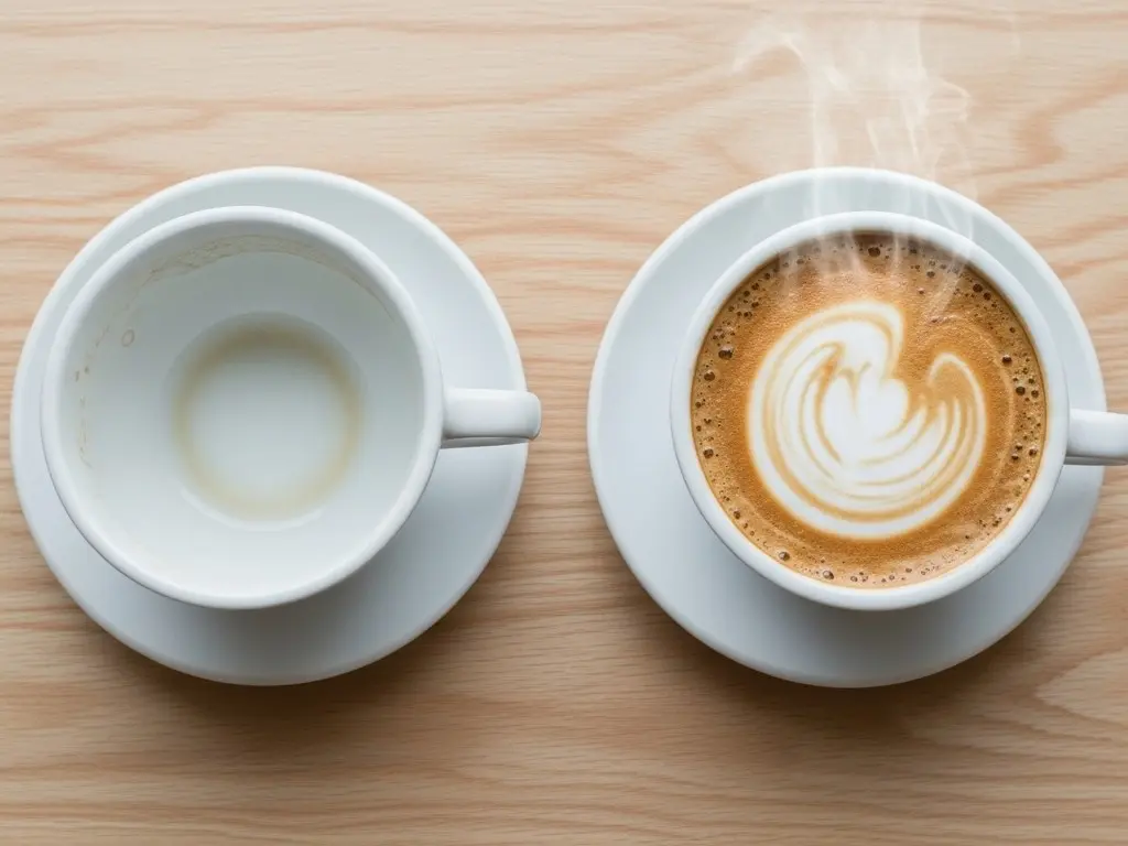 飲みかけと手つかずのコーヒーカップ