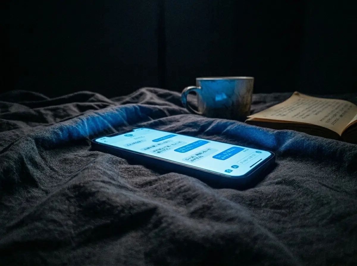 照明が完全に消された寝室のスマートフォンの接写