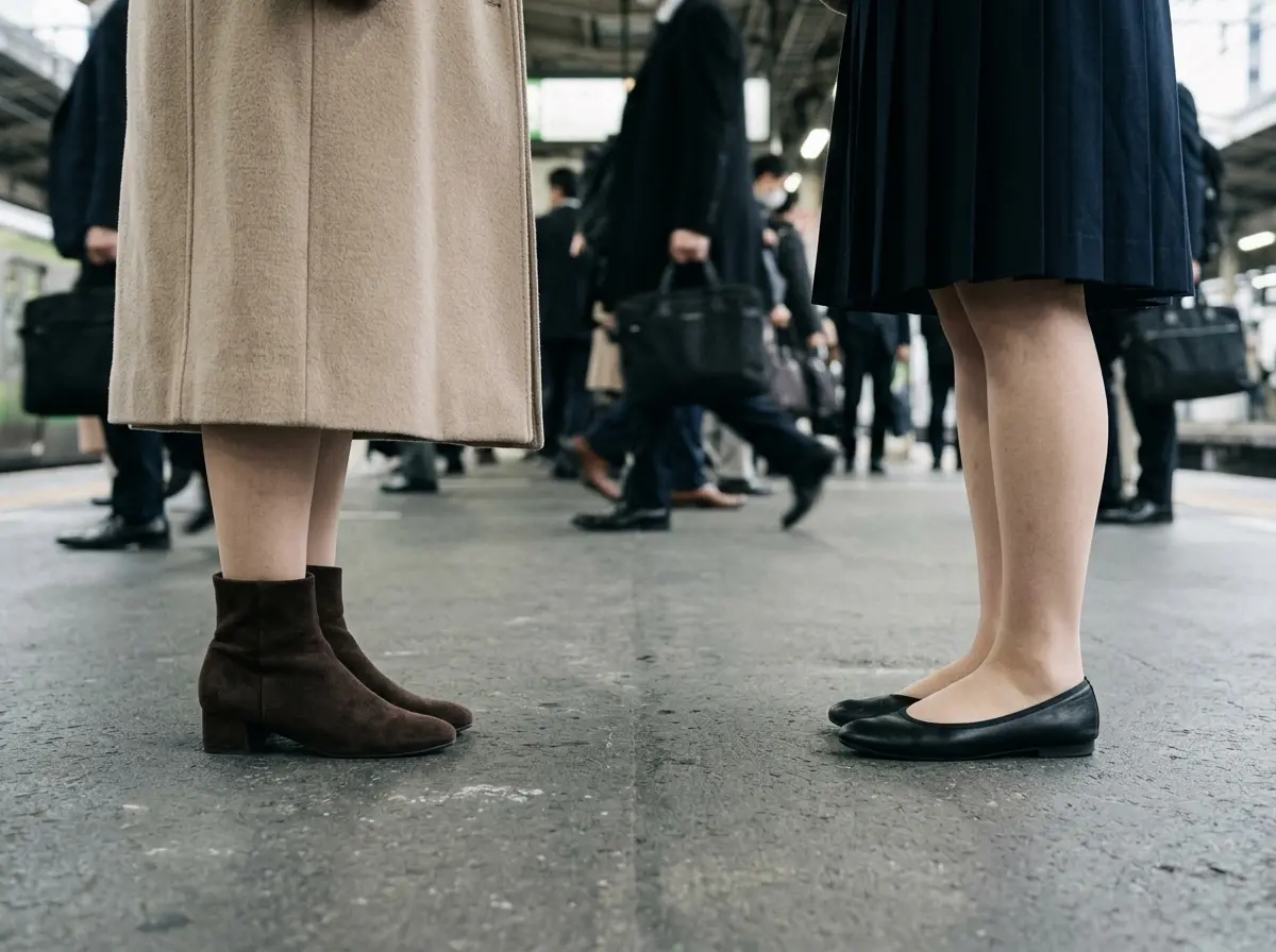 駅のホームに佇む女性二人の足元